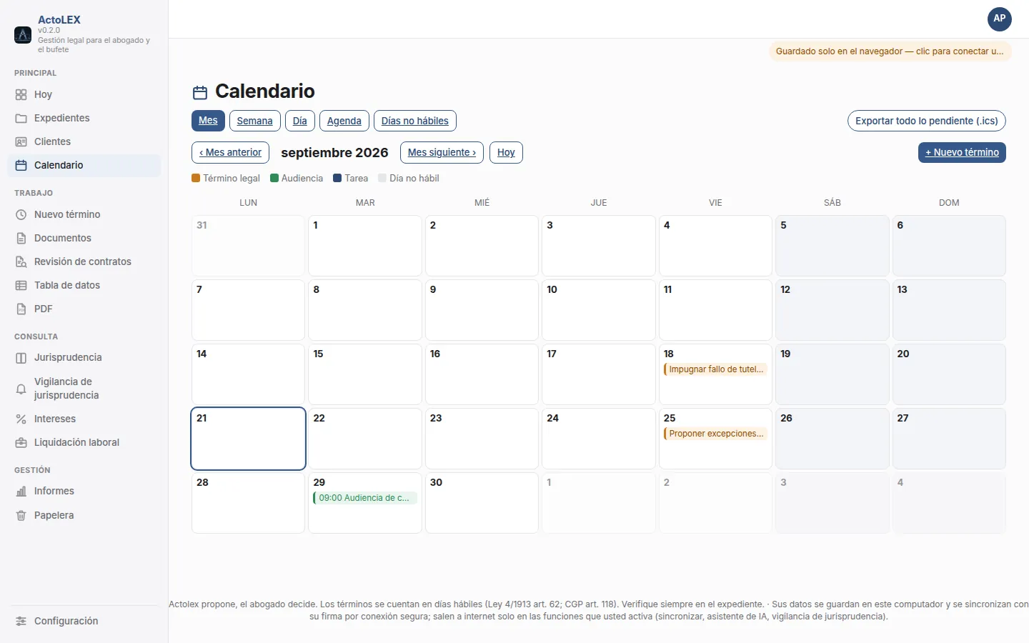 Calendario de Actolex con términos y audiencias